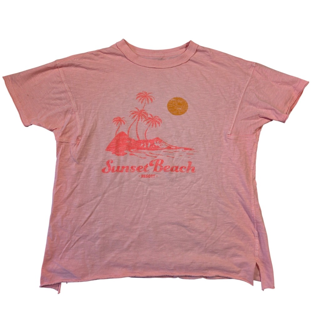 Aerie Womens XXS Pink Sunset Beach Resort Graphic Shirt Lounge Cotton Oversized